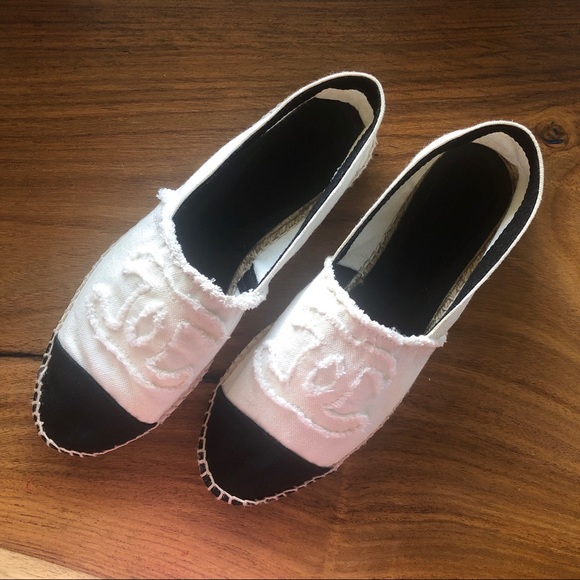CHANEL Shoes - Chanel black and white espadrille canvas flats
